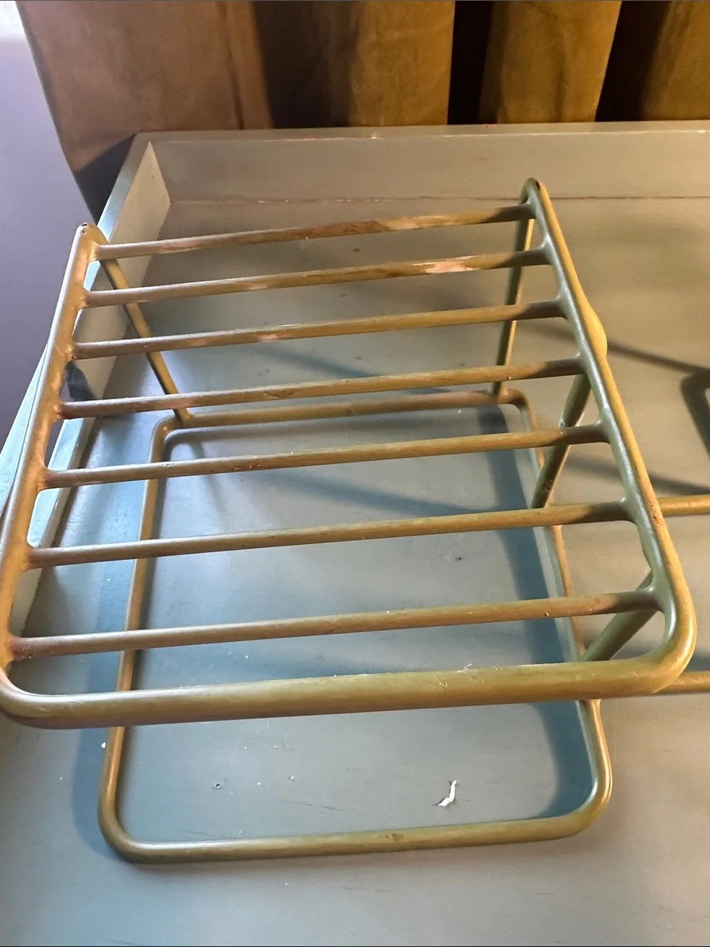 Vintage Coated Wire Dish Rack Riser Organizer Plate Holder Cup Hooks green